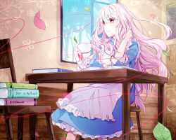 Rule 34 | 1girl, apron, book, cup, dress, hoshiyui tsukino, jewelry, kagerou project, key, kozakura marry, leaf, long hair, necklace, petals, pink eyes, purple eyes, sitting, smile, solo, string, string of fate, teacup, white hair, window