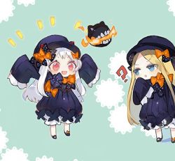Rule 34 | 2girls, :d, :o, abigail williams (fate), abigail williams (fate) (cosplay), abyssal ship, arms up, atsumi jun, black bow, black dress, black hat, blonde hair, bloomers, blue eyes, bow, bug, butterfly, commentary request, cosplay, crossover, dress, enemy aircraft (kancolle), fate/grand order, fate (series), forehead, hair bow, hat, insect, kantai collection, long hair, long sleeves, looking at viewer, multiple girls, northern ocean princess, open mouth, orange bow, parted bangs, parted lips, pink eyes, polka dot, polka dot bow, sleeves past wrists, smile, underwear, v-shaped eyebrows, very long hair, white bloomers, white hair