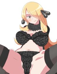 Rule 34 | 1girl, black bra, black coat, black panties, black thighhighs, blonde hair, bra, breasts, closed mouth, coat, collarbone, creatures (company), cynthia (pokemon), female focus, game freak, grey eyes, hair ornament, hair over one eye, happy, large breasts, leaning back, lingerie, long hair, looking at viewer, matsumoto canon, navel, nintendo, panties, partially visible vulva, pokemon, pokemon dppt, shiny skin, simple background, sitting, skindentation, smile, solo, spread legs, stomach, thighhighs, underwear, white background