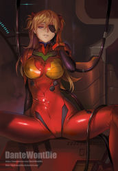 Rule 34 | 1girl, arm at side, artist name, ass, blue eyes, bodysuit, bracer, breasts, breasts apart, cable, cameltoe, clothes writing, commentary request, covered erect nipples, crotch, curvy, dantewontdie, dark, evangelion: 3.0 you can (not) redo, eyepatch, gloves, glowing, grin, hair between eyes, hairpods, half-closed eye, hand on own cheek, hand on own face, hand up, headgear, highres, hip focus, impossible bodysuit, impossible clothes, indoors, light brown hair, lips, long hair, looking at viewer, machinery, medium breasts, neon genesis evangelion, one eye covered, orange hair, parted lips, pilot suit, plugsuit, rebuild of evangelion, red bodysuit, seductive smile, shiny clothes, shiny skin, sitting, skin tight, smile, solo, souryuu asuka langley, spread legs, tape, transparent, turtleneck, twintails, two side up, uneven eyes, watermark, web address, wide hips, wire