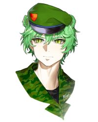 Rule 34 | 1boy, animal ears, beret, black shirt, camouflage, camouflage jacket, closed mouth, dated, flippy (happy tree friends), green eyes, green hair, green hat, green jacket, happy tree friends, hat, highres, humanization, jacket, mary felizola, military, military uniform, portrait, shirt, signature, simple background, solo, uniform, white background