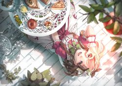 Rule 34 | 1girl, absurdres, antenna hair, apple, apple pie, blurry, brown hair, depth of field, food, from above, fruit, highres, idolmaster, idolmaster cinderella girls, looking at viewer, looking up, multicolored hair, nemu kotatsu, ok sign, ok sign over eye, red eyes, sitting, smile, solo, tiered tray, tsujino akari, two-tone hair, upside-down, wooden floor, wrist cuffs