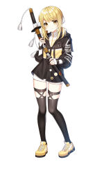 Rule 34 | 1girl, absurdres, black jacket, black thighhighs, blonde hair, closed mouth, closers, fingerless gloves, full body, gloves, highres, holding, holding sword, holding weapon, jacket, katana, long hair, long sleeves, looking at viewer, low twintails, lucy (closers), official art, shirt, shoes, short shorts, shorts, smile, sneakers, solo, sword, tachi-e, tassel, thighhighs, thighs, turtleneck, twintails, undershirt, weapon, white background, white gloves, white shirt, white shorts, yellow eyes, yellow footwear