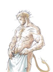 Rule 34 | 1boy, abs, animal ears, ass, bara, beard, body fur, brown hair, chest tuft, covering privates, drying, facial hair, from side, ggang19998, goatee, hairy, holding, large pectorals, lion ears, lion tail, looking down, male focus, male pubic hair, mature male, muscular, muscular male, navel, navel hair, nipples, nude cover, original, pectorals, pubic hair, scar, scar on arm, scar on leg, short hair, sideburns, solo, stomach, strongman waist, tail, topless male, white background