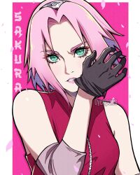 Rule 34 | 1girl, black gloves, breasts, commentary, drawing, english commentary, english text, forehead protector, gloves, green eyes, haruno sakura, highres, looking at viewer, medium breasts, medium hair, mouth hold, naruto (series), naruto shippuuden, outside border, oyenpaws, pink hair, solo, teeth