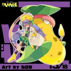 Rule 34 | 1girl, ahoge, alternate costume, asymmetrical legwear, black background, black socks, blue hair, blush, boots, character hat, commentary request, creatures (company), foot up, fukomo, game freak, gen 1 pokemon, gloves, goggles, green neckerchief, green skirt, hair ornament, half-closed eyes, hand in pocket, highres, kneehighs, leaf hair ornament, looking at viewer, low twintails, neckerchief, nintendo, otomachi una, parody, pleated skirt, pokemon, pokemon (creature), project voltage, purple background, purple sailor collar, purple shirt, sailor collar, school uniform, serafuku, shirt, single kneehigh, single sock, single thighhigh, skirt, smile, socks, solo, thighhighs, twintails, two-tone background, uneven legwear, v, victreebel, vocaloid, white gloves, yellow footwear