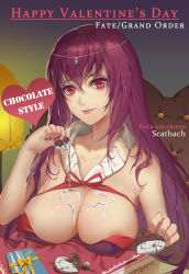 1girl absurdres areola_slip bare_arms bare_shoulders box breast_rest breasts candy chocolate chocolate_heart chocolate_on_body chocolate_on_breasts circlet cleavage closed_mouth copyright_name desk_lamp detached_collar dripping earrings english_text eyelashes fate/grand_order fate_(series) female_focus fingernails food food_on_body gift gift_box gradient_background hair_between_eyes happy_valentine heart highres incoming_gift itoucon jewelry lamp large_breasts lips long_hair looking_at_viewer melting nail_polish night purple_hair red_eyes red_nails ribbon scathach_(fate) sketch skindentation smile solo stuffed_toy upper_body yellow_ribbon