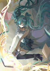 Rule 34 | 1girl, aqua hair, bare arms, bare shoulders, black socks, book, boots, closed eyes, detached sleeves, hatsune miku, huayue, kneehighs, long hair, magic, necktie, sleeveless, socks, solo, thigh boots, thighhighs, twintails, very long hair, vocaloid, zettai ryouiki