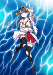 Rule 34 | 10s, 1girl, black hair, bleeding, blood, boots, from above, hair ornament, hand up, haruna (kancolle), highres, in water, injury, kantai collection, long hair, lying, nontraditional miko, open mouth, orange eyes, reaching, smile, solo, thigh boots, thighhighs, tokino, torn clothes, water, zettai ryouiki