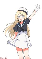 Rule 34 | 1girl, absurdres, black jacket, blonde hair, blue eyes, blue sailor collar, cropped jacket, dress, feet out of frame, gloves, hat, highres, jacket, jervis (kancolle), kantai collection, looking at viewer, one-hour drawing challenge, robinson (day l full), sailor collar, sailor dress, sailor hat, short sleeves, smile, solo, twitter username, waving, white dress, white gloves, white hat