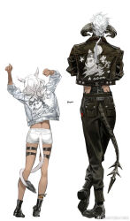 Rule 34 | 1boy, 1girl, animal ears, ankle boots, anklet, arms up, au ra, black footwear, black jacket, black pants, boots, cat ears, cat girl, cat tail, chinese commentary, clenched hands, clothing cutout, commentary request, cropped jacket, curled horns, dragon boy, dragon horns, dragon tail, facing away, final fantasy, final fantasy xiv, from behind, full body, highres, horns, jacket, jewelry, leather, leather jacket, low ponytail, matoba (ga6life), medium hair, miqo&#039;te, pants, ponytail, scales, shorts, simple background, spiked tail, standing, stretching, tail, tail around own leg, tail through clothes, thigh strap, warrior of light (ff14), wavy hair, weibo logo, weibo watermark, white background, white hair, white jacket, white shorts