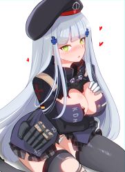 Rule 34 | 10eki (tenchou), 1girl, absurdres, ammunition pouch, arm under breasts, beret, black thighhighs, blunt bangs, blush, bow, bow panties, breast suppress, breasts, cleavage, clothes writing, commentary request, damaged, facial mark, german flag, girls&#039; frontline, gloves, green eyes, gun, hair ornament, hat, highres, hk416 (girls&#039; frontline), jacket, large breasts, long hair, looking at viewer, magazine (weapon), open mouth, panties, plaid, plaid skirt, pleated skirt, pouch, silver hair, simple background, sitting, skirt, solo, sweatdrop, teardrop, thighhighs, thighs, torn clothes, torn jacket, torn skirt, torn thighhighs, underwear, very long hair, wariza, weapon, white background, white panties