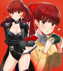 Rule 34 | 1girl, ^^^, black jacket, black leotard, black thighhighs, breasts, cardigan, cleavage, contrapposto, cowboy shot, eating, food, food on face, gloves, highres, jacket, leotard, long hair, looking at viewer, multiple views, onigiri, ormille, persona, persona 5, persona 5 the royal, playboy bunny, ponytail, red background, red eyes, red gloves, red hair, simple background, standing, striped cardigan, thighhighs, upper body, yellow cardigan, yoshizawa kasumi