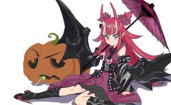Rule 34 | 1girl, belt, black footwear, black wings, blue eyes, boots, candy, commentary request, detached sleeves, elizabeth bathory (fate), elizabeth bathory (japan) (fate), fate/grand order, fate (series), finger cots, food, horns, japanese clothes, kimono, lollipop, long hair, looking at viewer, oni horns, pointy ears, pumpkin, purple kimono, red hair, simple background, sitting, sleeveless, sleeveless kimono, smile, solo, uaaaou, white background, wings