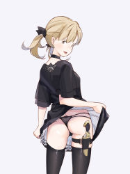 Rule 34 | 1girl, ass, black dress, black panties, blonde hair, blush, brown eyes, cowboy shot, dress, from behind, grey background, holster, knife, lifted by self, looking at viewer, looking back, open mouth, original, panties, ponytail, popman3580, short sleeves, simple background, skindentation, smile, solo, thigh holster, thigh strap, thighhighs, thong, underwear