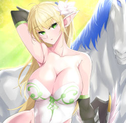 Rule 34 | 1girl, arm behind head, armpits, bare shoulders, bearkim, black gloves, blonde hair, blue eyes, blue flower, blue hair, breasts, cleavage, collarbone, covered navel, dungeon and fighter, elbow gloves, elf, elven knight (dungeon and fighter), flower, gauntlets, gloves, green eyes, hair flower, hair ornament, highleg, highleg leotard, highres, horse, knight (dungeon and fighter), large breasts, leotard, long hair, looking at viewer, parted lips, pointy ears, solo, strapless, strapless leotard, very long hair, white flower, white leotard
