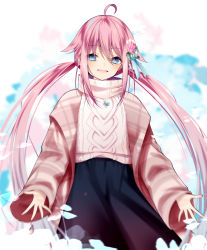Rule 34 | 1girl, absurdres, blue eyes, flower, highres, long hair, looking at viewer, mizugame mia, open mouth, pink hair, rascala39, re:act, ribbon, shirt, shrims, simple background, skirt, smile, solo, standing, straight hair, twintails, virtual youtuber
