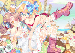 Rule 34 | 2girls, animal ears, bad id, bad pixiv id, bandaid, bandaid on arm, bandaid on face, bandaid on forehead, bandaid on nose, blonde hair, blue eyes, blue nails, bracelet, breasts, cake, cleavage, coffee, drinking, drinking straw, dripping, fingernails, fishnet pantyhose, fishnets, food, glasses, hair ornament, hairclip, headphones, intravenous drip, jewelry, long fingernails, macaron, medium breasts, multicolored nails, multiple girls, nail, nail polish, original, pantyhose, parasol, ponytail, product placement, rabbit ears, rabbit tail, red nails, serenade (sinohi), shorts, small breasts, starbucks, tail, umbrella, yellow eyes
