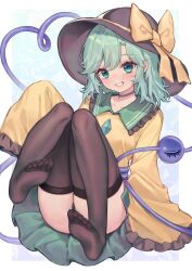 Rule 34 | 1girl, absurdres, aqua eyes, aqua hair, black choker, black panties, blue background, blush, border, bow, brown hat, brown thighhighs, buttons, choker, collarbone, collared shirt, commentary, diamond button, eyelashes, feet, frills, full body, green skirt, grin, hair between eyes, hat, hat bow, heart, heart of string, highres, knees together feet apart, komeiji koishi, lace, lace choker, leaf, looking at viewer, medium hair, no shoes, outside border, panties, pantyshot, qiu ju, shirt, sitting, skirt, sleeves past fingers, sleeves past wrists, smile, soles, solo, teeth, thighhighs, thighs, third eye, toes, touhou, underwear, white border, wide sleeves, yellow bow, yellow shirt
