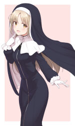 Rule 34 | 1girl, :d, absurdres, basa rutan, black dress, breasts, brown eyes, capelet, commentary, cowboy shot, dress, finger to mouth, frilled gloves, frills, full-length zipper, gloves, habit, high collar, highres, index finger raised, light brown hair, long dress, long hair, long sleeves, looking at viewer, nijisanji, nun, open mouth, sister claire, sister claire (1st costume), skin tight, small breasts, smile, solo, straight hair, symbol-only commentary, traditional nun, virtual youtuber, white capelet, white gloves, zipper, zipper dress