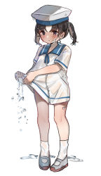 Rule 34 | 1girl, black hair, blue sailor collar, commentary request, dress, full body, hat, kantai collection, kaomoji (sagor00237), looking at viewer, purple eyes, sailor collar, sailor dress, sailor hat, shoes, short hair, short sleeves, shounan (kancolle), simple background, socks, solo, standing, twintails, uwabaki, wet, wet clothes, white background, white dress, white hat, wringing clothes