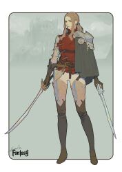 Rule 34 | 1girl, absurdres, armor, artist name, belt, boots, brown eyes, brown footwear, brown gloves, cape, dual wielding, earrings, gloves, grey background, highres, holding, holding sword, holding weapon, jewelry, light brown hair, long hair, ponytail, red shirt, shirt, solo, sonech, standing, sword, thigh boots, weapon