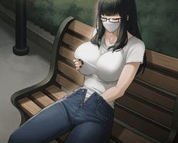 Rule 34 | 1girl, animated, bench, black hair, black nails, blinking, bouncing breasts, breasts, brown eyes, clothed masturbation, denim, exhibitionism, face mask, female masturbation, fingering, glasses, jeans, lamppost, large breasts, lowres, mask, masturbation, pants, park bench, pavement, public indecency, public masturbation, shirt, sitting, solo, t-shirt, tree, white shirt, zipper