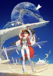 Rule 34 | 1girl, absurdres, animal ears, boots, cat ears, chihaya (clothing), desert, highres, looking up, multicolored hair, original, paper airplane, planet, plugsuit, sand, science fiction, skeleton, soono (rlagpfl), space, spacesuit, tail, two-tone hair