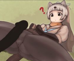Rule 34 | 1boy, 1girl, ?, animal ears, anus, blank censor, blush, bow, censored, clothes lift, commentary request, elbow gloves, extra ears, fingerless gloves, gloves, green background, grey hair, hair bow, hair tie, imminent penetration, kemono friends, lifted by self, long hair, lying, multicolored hair, neckerchief, no panties, on back, open mouth, pantyhose, penis, pleated skirt, ponytail, rubbing, sable (kemono friends), sailor collar, scarf, shibori kasu, silhouette, skirt, skirt lift, spread legs, sweater, tail