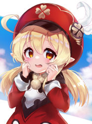 Rule 34 | 1girl, ahoge, blonde hair, blush, cabbie hat, commentary request, day, dress, feathers, genshin impact, hair between eyes, hands up, hat, hat feather, klee (genshin impact), long hair, long sleeves, looking at viewer, low twintails, open mouth, picter, pointy ears, red dress, red eyes, red hat, solo, twintails, upper body, white feathers