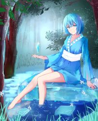 Rule 34 | 1girl, adapted costume, afloat, bare legs, barefoot, blue eyes, blue hair, blue kimono, breasts, cirno, closed mouth, collarbone, day, floating, floating object, forest, full moon, ice, ice cube, japanese clothes, kimono, light particles, looking at viewer, medium breasts, moon, muko (kokia38), nature, obi, outdoors, reflection, sash, see-through, shoes, short hair, sitting, smile, soaking feet, solo, sparkle, touhou, tree, water, wetland