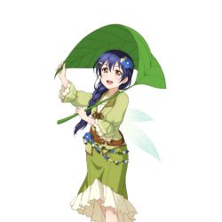 Rule 34 | 10s, 1girl, :d, blue hair, braid, brown eyes, fairy, fairy wings, flower, frilled sleeves, frills, green skirt, hair between eyes, hair flower, hair ornament, hair over shoulder, hairpin, holding, holding leaf, leaf, long hair, looking at viewer, love live!, love live! school idol festival, love live! school idol project, mini person, minigirl, official art, open mouth, puffy sleeves, single braid, skirt, smile, solo, sonoda umi, transparent background, wings