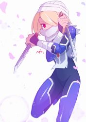 Rule 34 | 1girl, absurdres, androgynous, bandages, blonde hair, commentary, falling petals, highres, knife, mask, nintendo, petals, red eyes, reverse trap, sheik, short hair, solo, supure647, the legend of zelda, the legend of zelda: ocarina of time, turban, weapon, white background