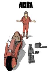Rule 34 | 1boy, akira (manga), boots, brown footwear, commentary request, highres, jacket, kaneda shoutarou (akira), motor vehicle, motorcycle, pants, red jacket, red pants, science fiction, shadow, shirt, simple background, solo, standing, sticker, tora0820, weapon, white background, yellow shirt