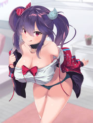 Rule 34 | 1girl, bad id, bad pixiv id, bare shoulders, bed, black choker, blurry, blurry background, bow, breasts, carpet, cat hair ornament, choker, cleavage, curled fingers, drawer, eyes visible through hair, hair between eyes, hair bow, hair ornament, highres, huge breasts, large breasts, leaning forward, looking at viewer, micro shorts, noto kurumi, o-ring, off-shoulder jacket, off-shoulder shirt, off shoulder, official art, oppai loli, original, pillow, plant, potted plant, purple eyes, purple hair, red ribbon, ribbon, room, shirt, short twintails, shorts, solo, standing, taut clothes, taut shirt, thighs, tongue, tongue out, twintails, windowsill