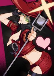 Rule 34 | 1girl, absurdres, ass, bbhdrrr, black hair, breasts, cleavage, cropped jacket, fingerless gloves, from side, gloves, green eyes, guilty gear, guilty gear strive, hat, heart, highres, hip vent, holding, holding microphone stand, i-no, large breasts, looking at viewer, micro shorts, microphone stand, midriff, mole, mole above mouth, short hair, short sleeves, shorts, solo, thigh strap, tinted eyewear, witch hat