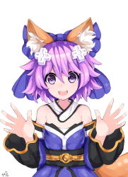 Rule 34 | 1girl, :d, animal ears, bad id, bad pixiv id, bare shoulders, blue bow, bow, cosplay, d-pad, d-pad hair ornament, detached collar, detached sleeves, fate (series), fox ears, fox tail, hair bow, hair ornament, hands up, japanese clothes, kimono, neptune (neptunia), neptune (series), open mouth, purerin, purple eyes, purple hair, short hair, simple background, smile, solo, tail, tamamo (fate), tamamo cat (fate), tamamo no mae (fate/extra), tamamo no mae (fate/extra) (cosplay), teeth, upper teeth only, white background, wide sleeves