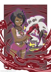 Rule 34 | 1girl, absurdres, aqua gemstone, arms under breasts, bare shoulders, bead necklace, beads, black hair, bracelet, breasts, colored sclera, creatures (company), crop top, crossed arms, dark-skinned female, dark skin, diamond (gemstone), diamond (shape), diamond earrings, earrings, game freak, gen 7 pokemon, halter shirt, halterneck, highres, jewelry, lycanroc, lycanroc (midnight), midriff, navel, neck ring, necklace, nintendo, official style, olivia (pokemon), pigreak, pink gemstone, pink lips, pink shirt, pokemon, pokemon (creature), pokemon sm, purple eyes, purple shorts, red eyes, red sclera, shirt, short hair, short shorts, shorts, thighlet, wolf