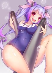 Rule 34 | 10s, 1girl, bare shoulders, between legs, breast press, breasts, covered navel, hair ribbon, highres, i-19 (kancolle), kantai collection, light purple hair, medium breasts, name tag, open mouth, pink ribbon, red eyes, ribbon, school swimsuit, smile, solo, star-shaped pupils, star (symbol), swimsuit, symbol-shaped pupils, teeth, thighs, torpedo, tri tails, zeolch