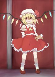 Rule 34 | 1girl, :d, blonde hair, broken, decapitation, evil, evil smile, flandre scarlet, frilled skirt, frills, hat, highres, looking at viewer, mob cap, nikori, open mouth, red eyes, short hair, skirt, smile, stuffed animal, stuffed toy, teddy bear, touhou, vest, wings, you gonna get raped