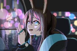 Rule 34 | 1girl, :d, amiya (arknights), animal ears, arknights, ascot, black jacket, blue eyes, blurry, bokeh, brown hair, car, commentary request, depth of field, hood, hooded jacket, jacket, jewelry, long hair, long sleeves, looking up, motor vehicle, multiple rings, night, open mouth, pixel art, purple ascot, rabbit ears, rabbit girl, ring, smile, solo, sparkling eyes, thumb ring, tonbo (abcm25ne), upper body, vehicle interior, water