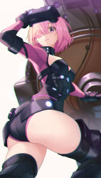 Rule 34 | 1girl, absurdres, ass, beige background, black gloves, black thighhighs, breasts, chromatic aberration, cleavage, commentary request, eyes visible through hair, fate/grand order, fate (series), gloves, hair over one eye, highres, huge filesize, looking at viewer, mash kyrielight, mash kyrielight (ortenaus), medium breasts, pink eyes, pink hair, rlawoals2588, short hair, simple background, solo, thighhighs