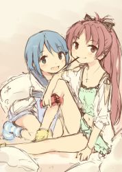 Rule 34 | 10s, 2girls, :d, blue eyes, blue hair, blush, cross, cross necklace, eating, food, food in mouth, jewelry, kyuri, long hair, looking at viewer, mahou shoujo madoka magica, mahou shoujo madoka magica (anime), miki sayaka, multiple girls, necklace, on bed, open mouth, pajamas, pocky, ponytail, red eyes, red hair, sakura kyoko, short hair, sitting, sketch, smile, socks, striped clothes, striped legwear, striped socks