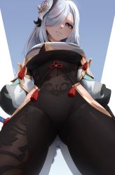 Rule 34 | 1girl, absurdres, artist name, black bodysuit, bodysuit, breasts, closed mouth, covered navel, cowboy shot, from below, genshin impact, hair ornament, hair over one eye, highres, hip vent, large breasts, long hair, looking at viewer, shenhe (genshin impact), silver hair, solo, tassel, the atko