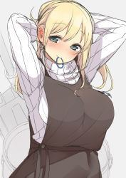 Rule 34 | 10s, 1girl, adjusting hair, apron, arms up, atago (kancolle), bad id, bad pixiv id, blonde hair, blush, breasts, casual, green eyes, hair tie, kantai collection, large breasts, long hair, looking at viewer, mouth hold, nekoume, personification, ponytail, ribbed sweater, solo, sweater, tying hair