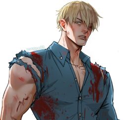 Rule 34 | 1boy, blonde hair, blood, blood on clothes, blue shirt, brown eyes, buttons, collarbone, collared shirt, commentary, english commentary, injury, jujutsu kaisen, lips, looking at viewer, male focus, mistermagnolia, nanami kento, one eye closed, parted lips, shirt, short hair, solo, teeth, torn clothes, torn shirt, torn sleeves, upper body, upper teeth only