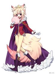Rule 34 | 1boy, animal ears, blonde hair, cape, commission, cotton candy, crown, eating, food, fox boy, fox ears, fox tail, full body, fur trim, gloves, highres, holding, holding food, long sleeves, looking at viewer, majy, male focus, multicolored hair, original, pants, pink hair, prince rigel (majy), purple eyes, second-party source, solo, tail, white background