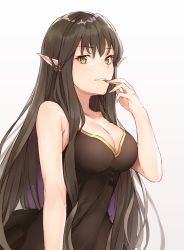 Rule 34 | 1girl, alternate costume, bare shoulders, biting, black cola, black dress, black hair, breasts, cleavage, dress, fate/apocrypha, fate/grand order, fate (series), finger biting, fingernails, hair between eyes, highres, long fingernails, long hair, looking at viewer, medium breasts, pointy ears, semiramis (fate), sleeveless, sleeveless dress, solo, upper body, white background, yellow eyes