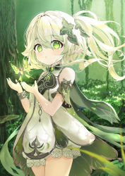 Rule 34 | 1girl, absurdres, bloomers, blowing, bracelet, cape, closed mouth, cross-shaped pupils, crystalfly (genshin impact), detached sleeves, dress, floating hair, genshin impact, green cape, green eyes, green sleeves, hair between eyes, hair ornament, highres, jewelry, leaf hair ornament, long hair, nahida (genshin impact), pointy ears, side ponytail, sleeveless, sleeveless dress, solo, symbol-shaped pupils, towrituka, tree, underwear, white bloomers, white dress, white hair