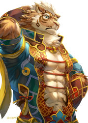 Rule 34 | 1boy, abs, abs cutout, animal ears, arm behind head, bara, bare pectorals, beige fur, blue eyes, character request, cleavage cutout, clothing cutout, fluffy, furry, furry male, large pectorals, looking at viewer, pectoral cleavage, male focus, muscular, muscular male, navel, nekojishi, orange fur, pectorals, short hair, sky (sora no gomibako), solo, stomach, tiger boy, tiger ears, tiger stripes, upper body, white background